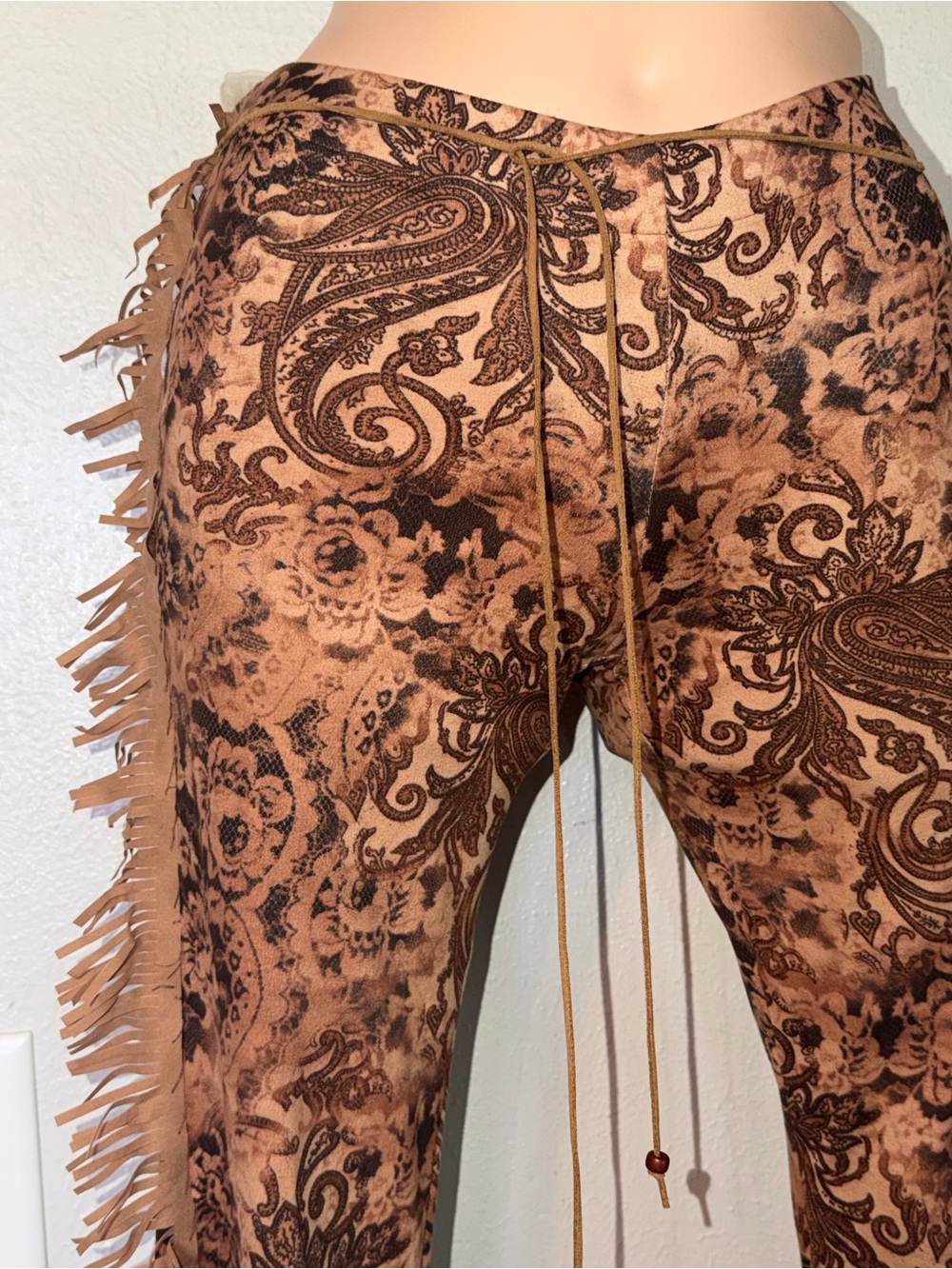 Y2K Sense Fringe Western Paisley Faux Suede Velour Boho Low Rise Flare Pants S